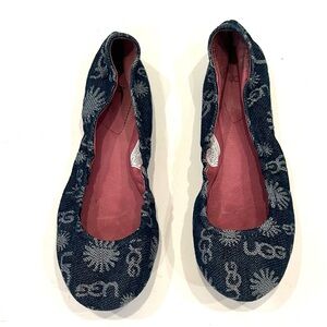 UGG Sydnie Skimmer Dark Blue Denim Jean Logo Print Ballet Flats Womens 8 EUC